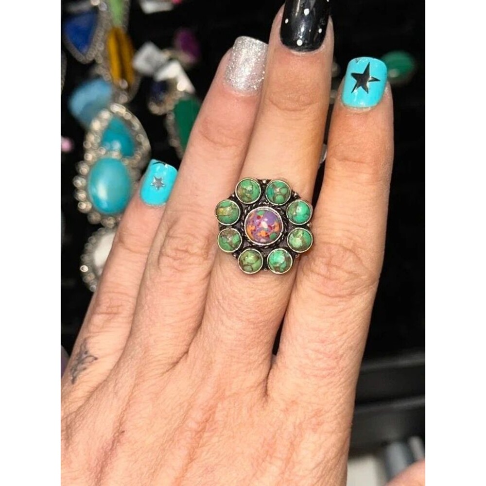 Confetti & Green Dahlia Floral Sterling Silver Overlay Ring Size 8